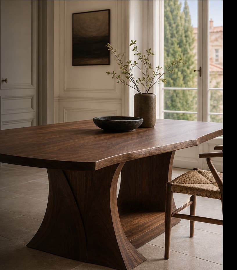 Table sculpturale en noyer dans un intérieur lumineux